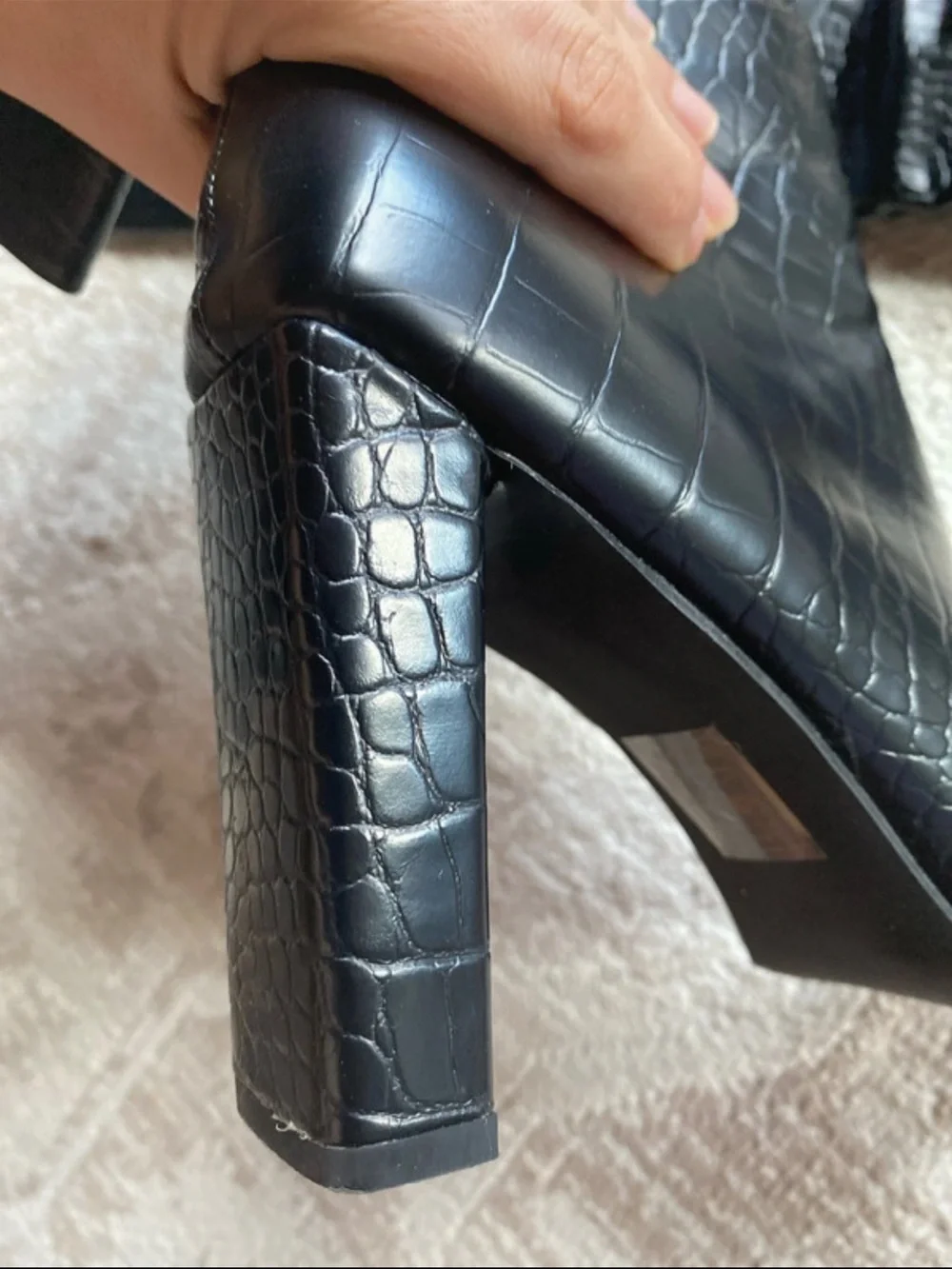 Black Croc-Embossed Knee-High Heeled Boots